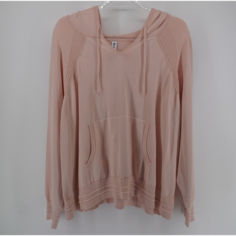 Athleta Womens 2X Pink Knit Hoodie V-Neck Pointelle Raglan Sleeve Pullover